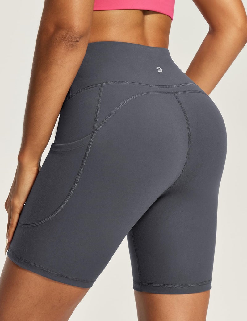 IUGA Biker Shorts Women 6" Tummy Control Workout Shorts Women with Pockets High Waisted Yoga Running Gym Spandex Compression Gray - Image 2